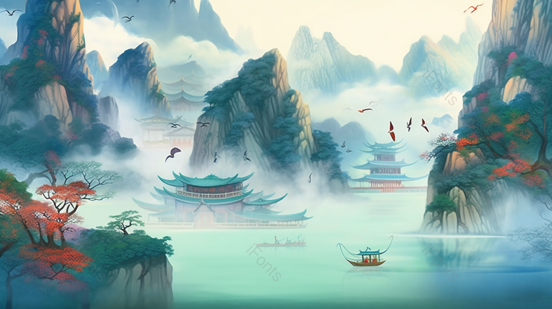 秀丽山水湖泊意境手绘背景,插画/手绘图,插画/手绘图库,插画/手绘图下载,插画/手绘